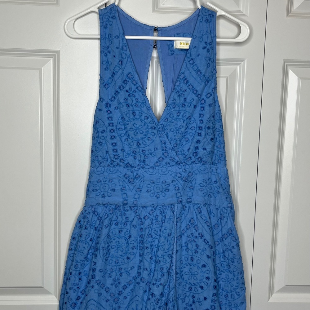 Maeve Anthropologie Blue Eyelet Midi Dress Size 12 Tie Waist Boho - Picture 6 of 15